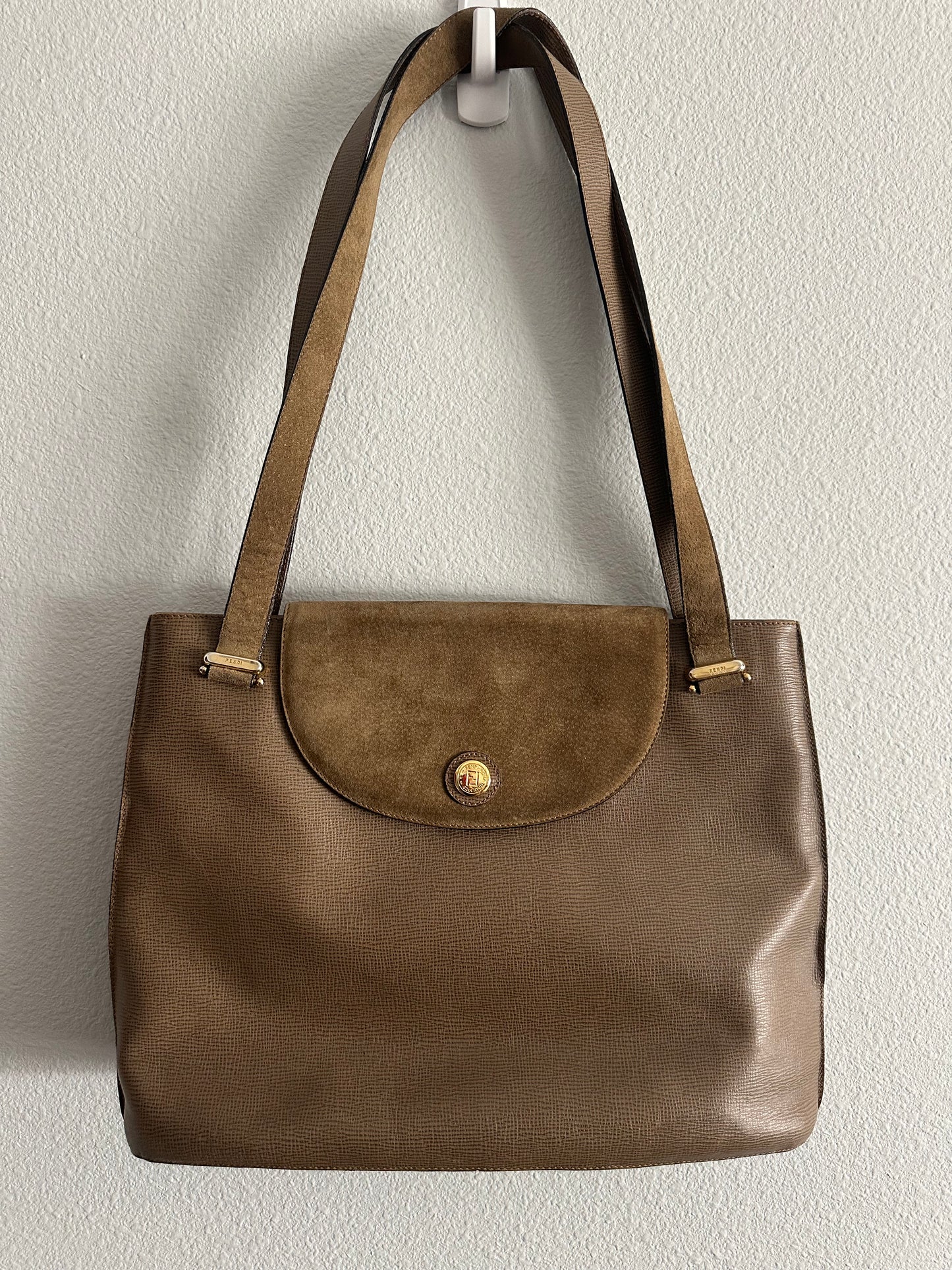 Vintage Fendi Tote Bag in Brown Lizard-Embossed Leather with Suede Flap